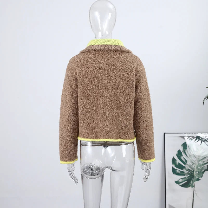 Fashion Contrast Knit Coat Women Stand Collar Zipper Pockets Full Sleeve Jacket 2025 Autumn Lady Elegant Outwear 2026 Spring New