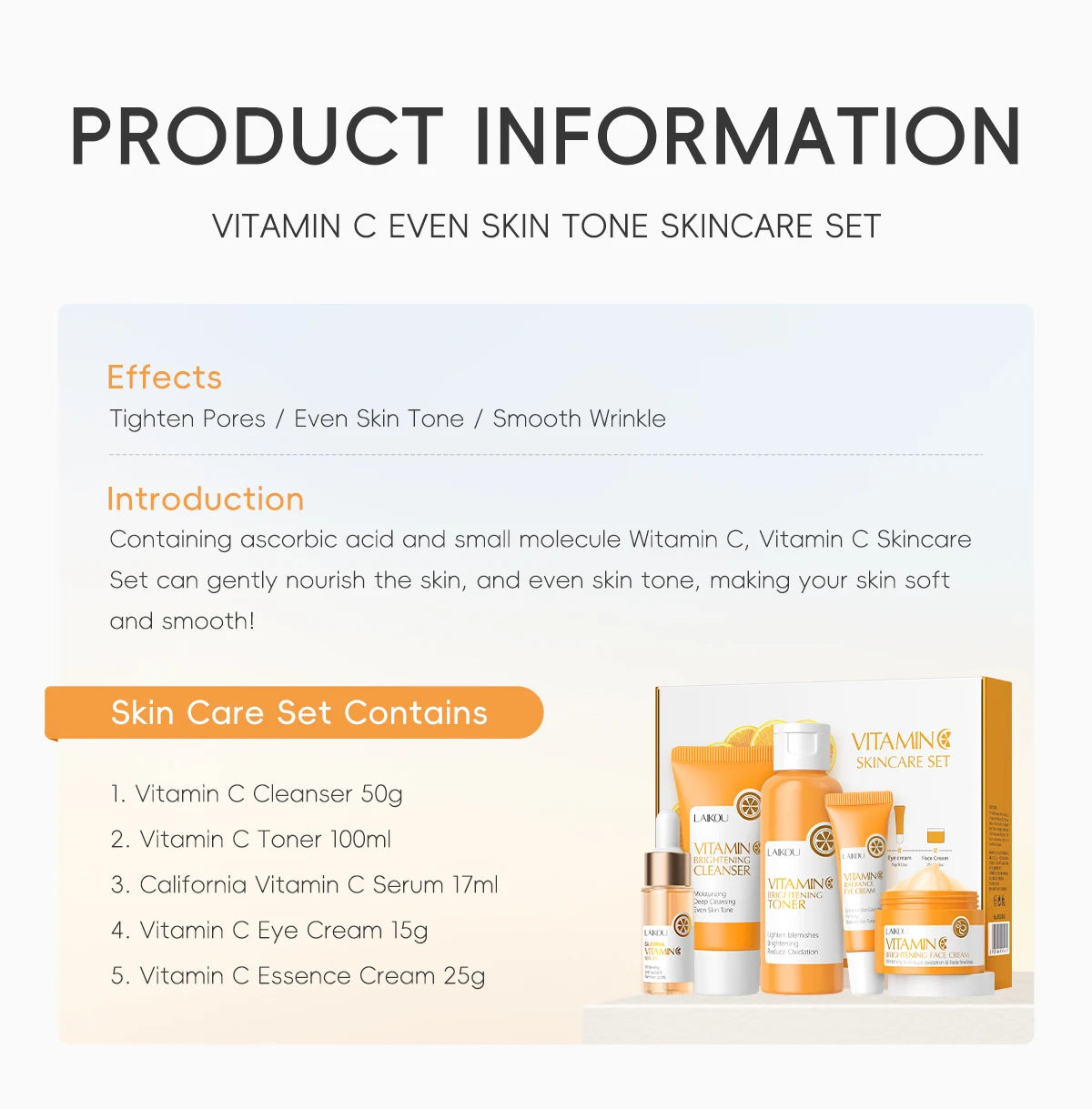 LAIKOU VITAMIN C Skincare Set Brightening 5Pcs Kit Even Skin Tone Smooth Wrinkle Tighten Pores Cleanser Toner Serum Eye Cream
