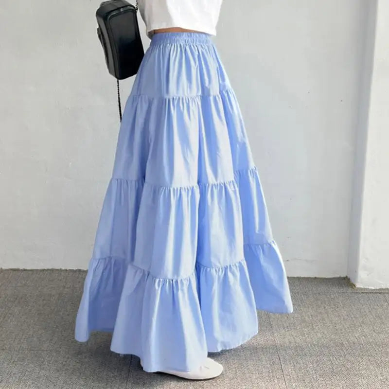 ZANZEA Women Korean Fashion Tiered Maxi Skirt Elastic Waist Casual Solid Color A-line Faldas Mujer Holiday Streetwear Long Jupes