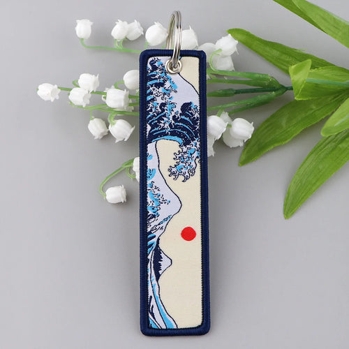 1/2pcs Japanese Waves Art Drawing Embroidery Fobs Backpack Key Tags Motorcycles Keychain Keyrings Cosplay Accessories Gift