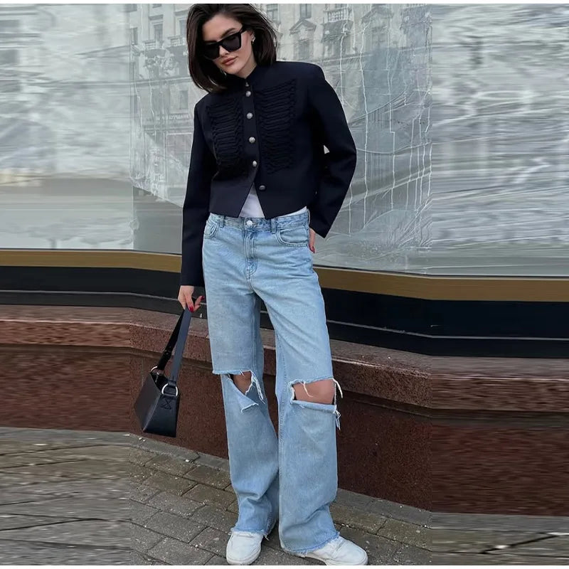 Women's Napoleon Style Black Cropped Jacket Coat Long Sleeve Tops Braided Button Trim Vintage Slim Fit Fashion Lady Outerwear