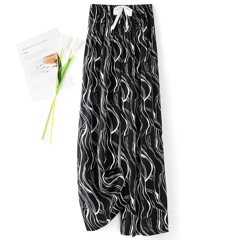 Women Casual Autumn Wide Leg Pants Floral Beach Trousers High Waist Boho Ethnic Style Calf Pants Four Season Girls Home Clothes