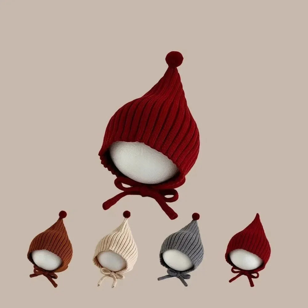 0-24M Baby Beanie Newborn Elf Hat Spring Autumn Knitted Windproof Warm Earflap Cap With Pom Pom