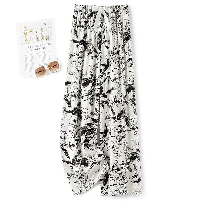 Women Casual Autumn Wide Leg Pants Floral Beach Trousers High Waist Boho Ethnic Style Calf Pants Four Season Girls Home Clothes