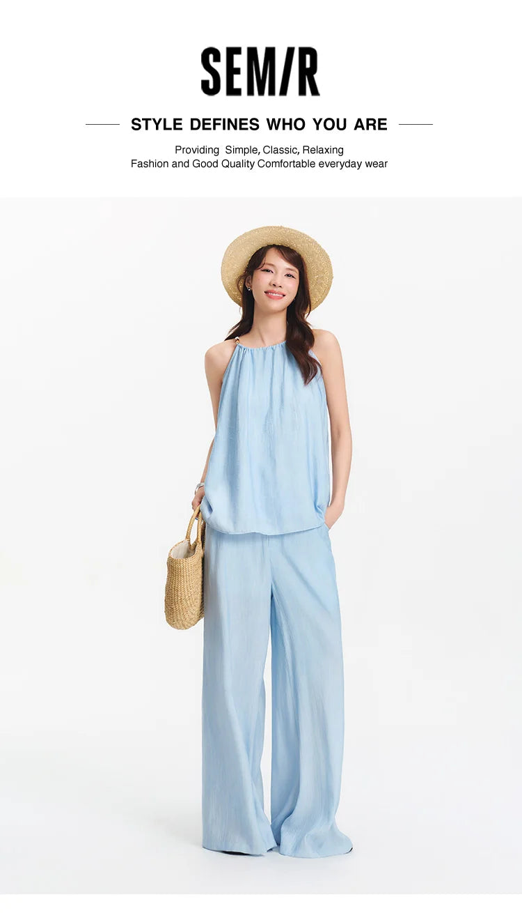 Semir Bowknot Strap Wide Leg Pants Set Women 2025 Summer New Linen Like Textured Two Piece Outfit for Vacation Style