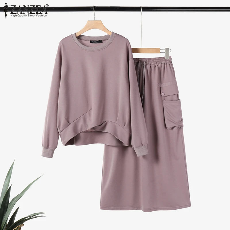 2026 ZANZEA 2PCS Autumn Winter Sweatshirts Dress Sets Women Long Sleeve Hoodies Tops Sundress OL Matching Sets Spring Outfits