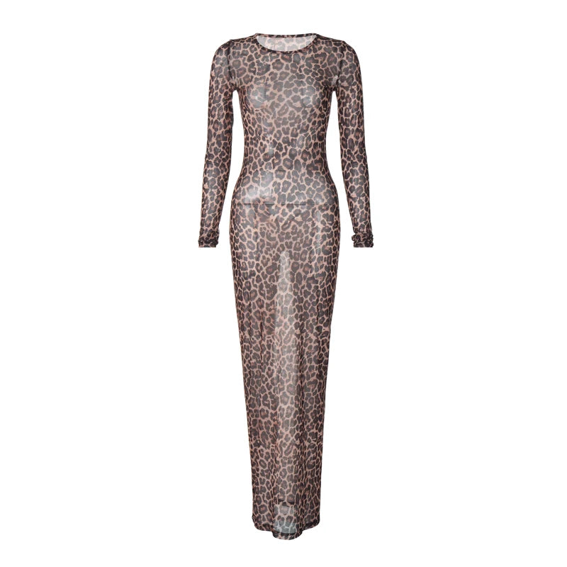 Hugcitar Leopard Print Mesh Long Sleeve Sexy Slim  See Through Maxi Dress Fall Women Fashion Outfits Beach Vacation Club