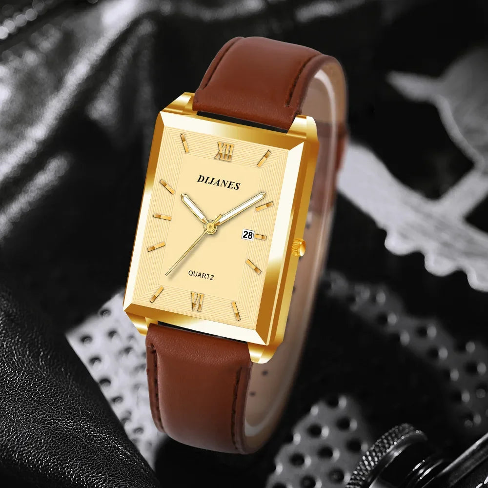 New Casual Leather Men's Square Quartz Watch Korean Student Calendar Watch Men Relojes Para Hombres