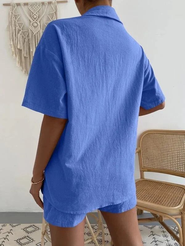 Women's Cotton Suit  Short Sleeve Casual Elegant Green Soild Two Piece Set Women Outfit Suit Shorts and Shirt for Women