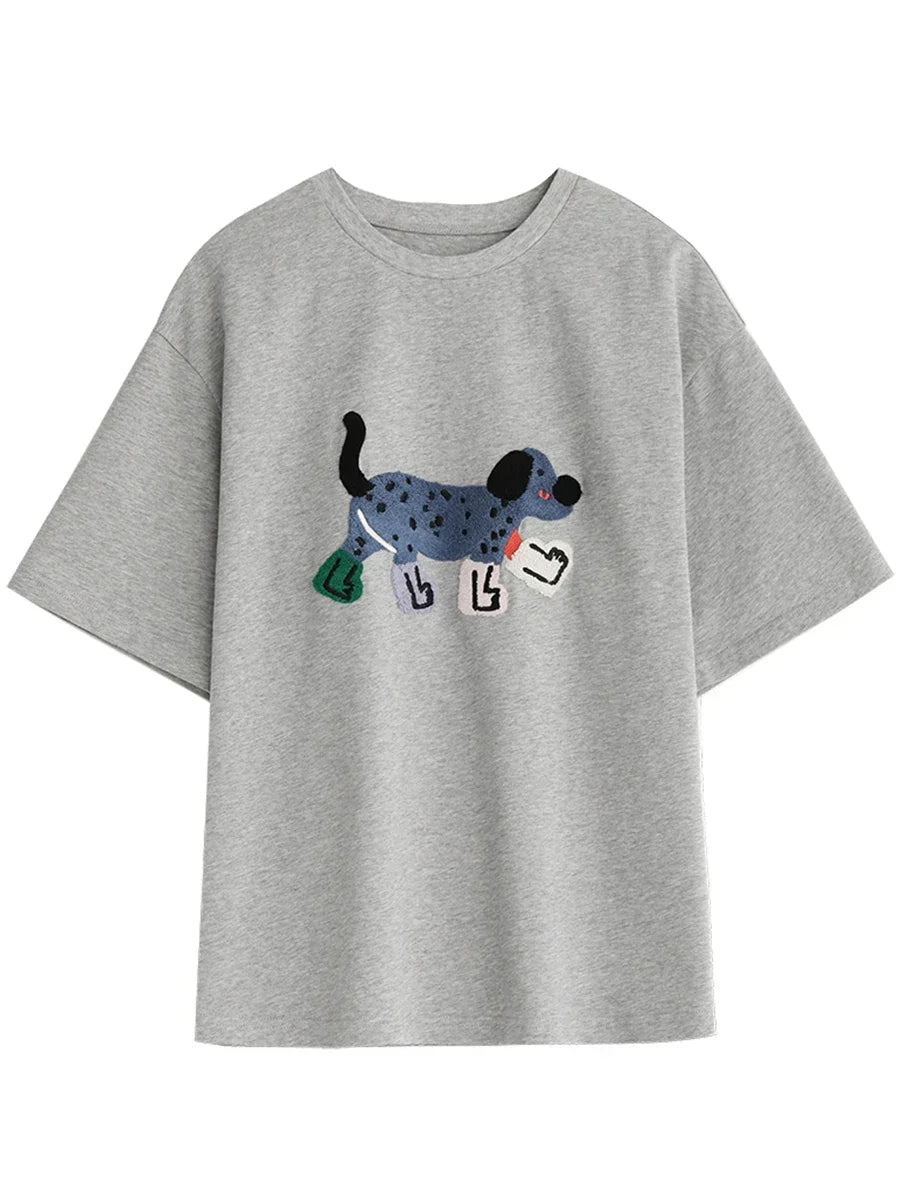 CHIC VEN Women T-Shirts Loose Streetwear Unisex Fun Dog Embroidered Short Sleeve Cotton Girl Tees Female Top Summer 2025