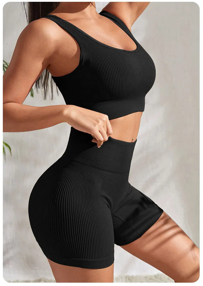 Seamless Ribbed Fitness Set for Women Solid Color Knit 2 Piece Workout Outfit Crop Tank High Waist Shorts Yoga Running