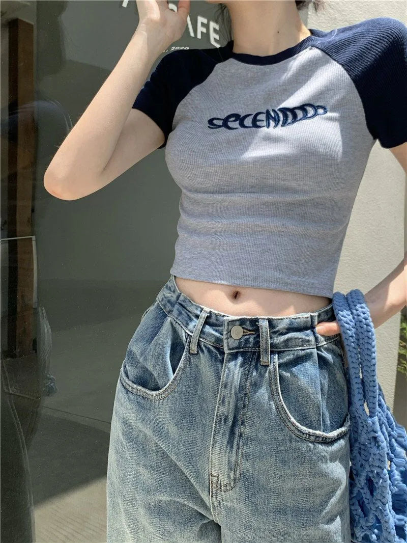 Y2K Women T Shirt Patchwork Letter Slim Fit Crop Tops Streetwear Casual Korean Fashion Short Sleeve Tshirts Bae Female Tees