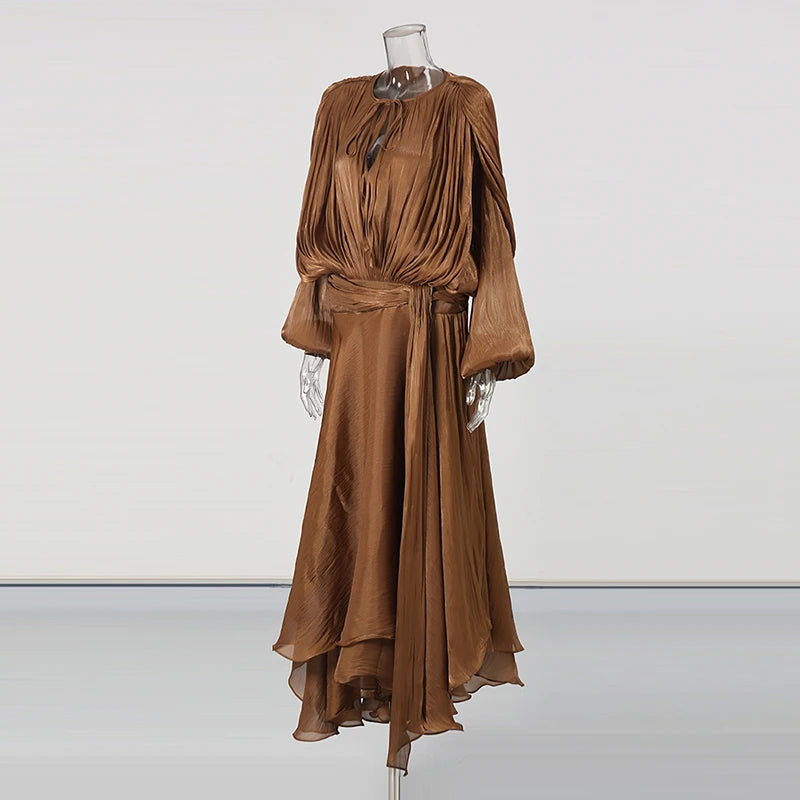 TWOTWINSTYLE Solid Loose Spliced Folds Elegant Dresses for Women Round Neck Long Sleeves Patchwork Lace Up Dress Female Fashion