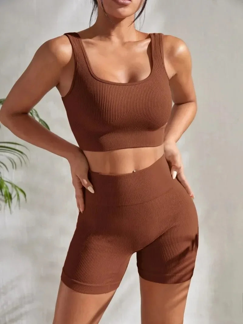 Seamless Ribbed Fitness Set for Women Solid Color Knit 2 Piece Workout Outfit Crop Tank High Waist Shorts Yoga Running