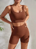 Seamless Ribbed Fitness Set for Women Solid Color Knit 2 Piece Workout Outfit Crop Tank High Waist Shorts Yoga Running