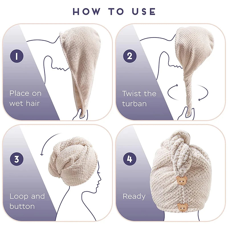 Solid Color Absorbent Hair Towel Wrap 9.8" X 25.5" Textured Dry Hair Cap for Button-Down Women