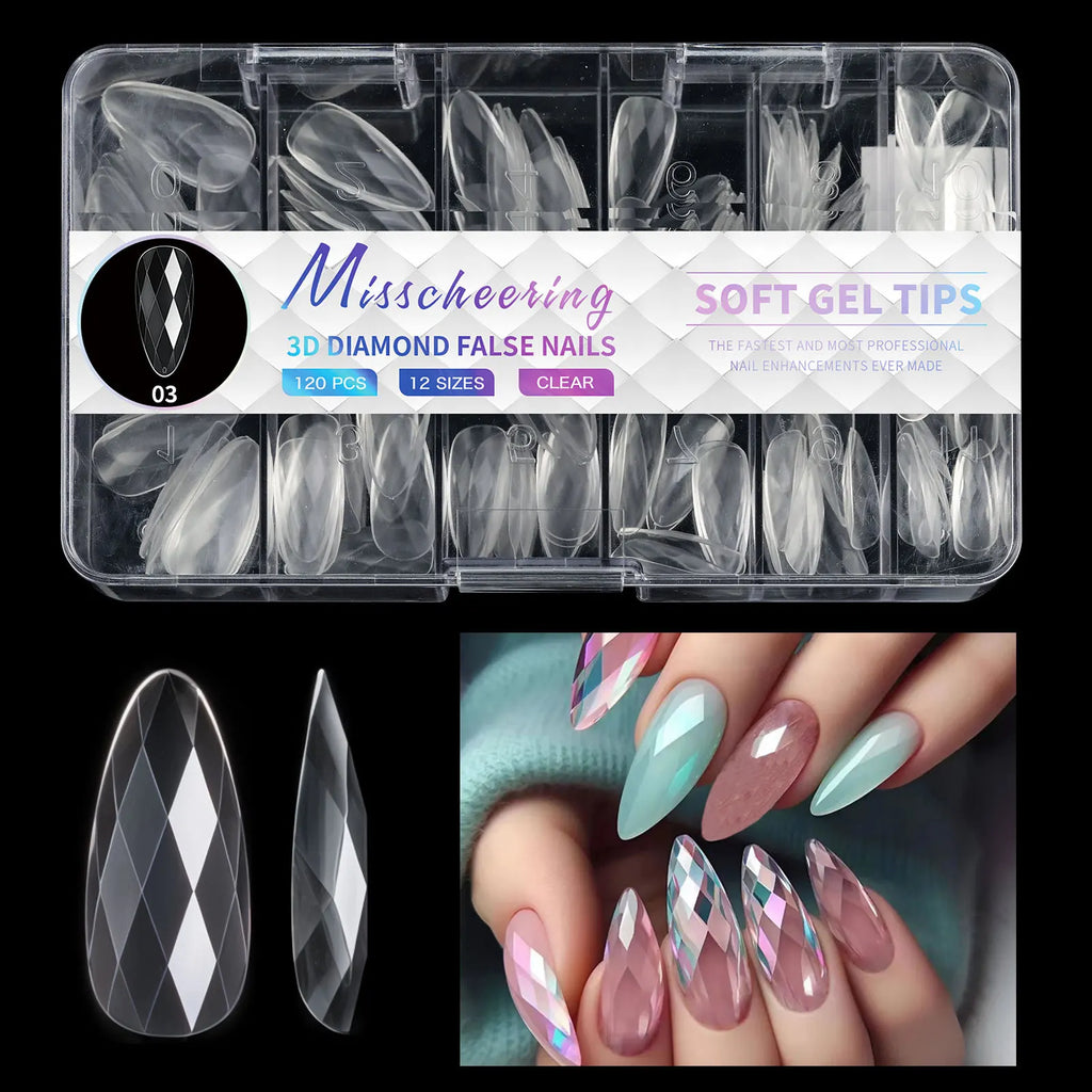 120/140Pcs 3D Diamond Almond Ballet Coffin False Nails Clear Press On Nails For Acrylic Gel Reusable Fake Tips DIY Nail Supplies