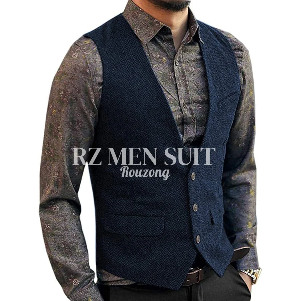 Men's Herringbone Tweed Wool Suit Vest Single Breasted Slim Fit Waistcoat Vest chaleco para hombre