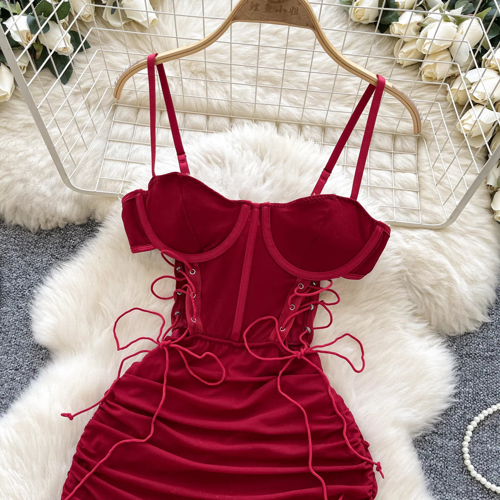 SINGREINY Summer Short Strap Dress Ladies Strapless Lace Up Hollow Out Design Pleated Slim Fit Print Sexy Clubwear Bodycon Dress