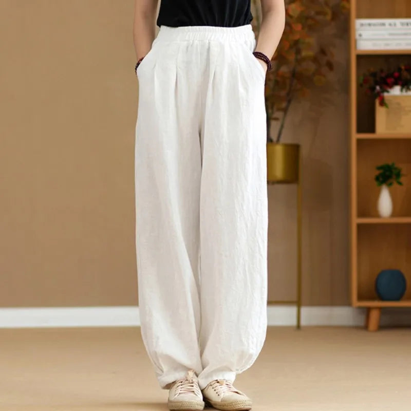 Johnature Women Vintage Solid Color Long Pants Linen Elastic Wasit 2025 Spring New Trouser Pockets Loose Women Straight Pants