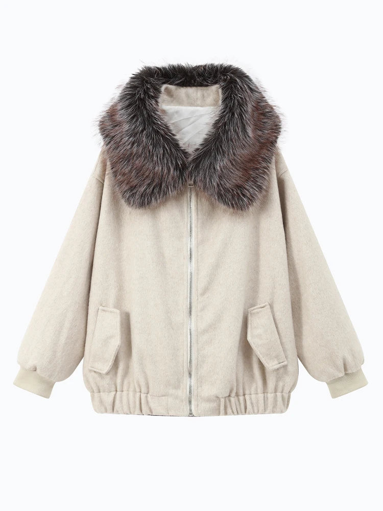 Vintage Faux Fur Woolen Jacket Women Fashion Thicken Hooded Pocket Lantern Sleeve Elastic Waist Coat 2026 Female Daily Outwear