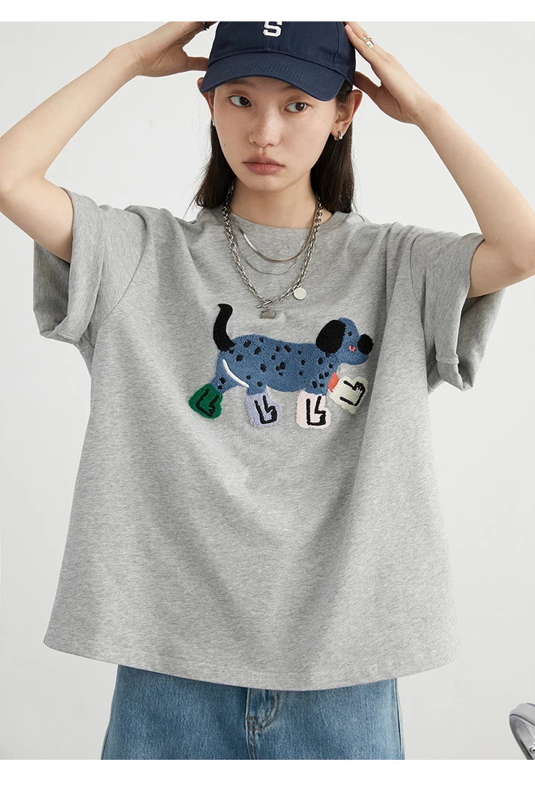 CHIC VEN Women T-Shirts Loose Streetwear Unisex Fun Dog Embroidered Short Sleeve Cotton Girl Tees Female Top Summer 2025