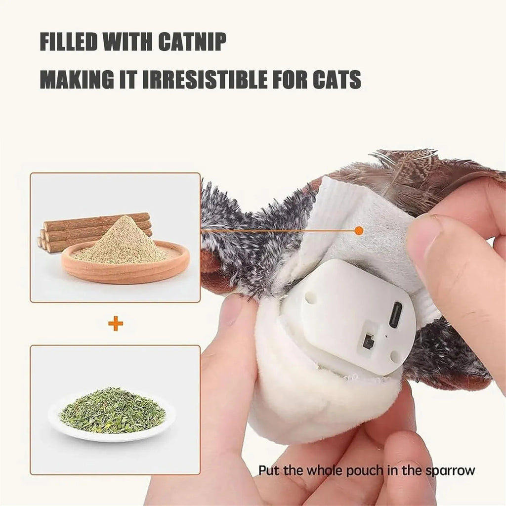 Interactive Cat Toys Flying Bird Cat Toy Flapping Wings Sparrow Toys Vivid Chirping Simulation Bird Interactive Cat Toy