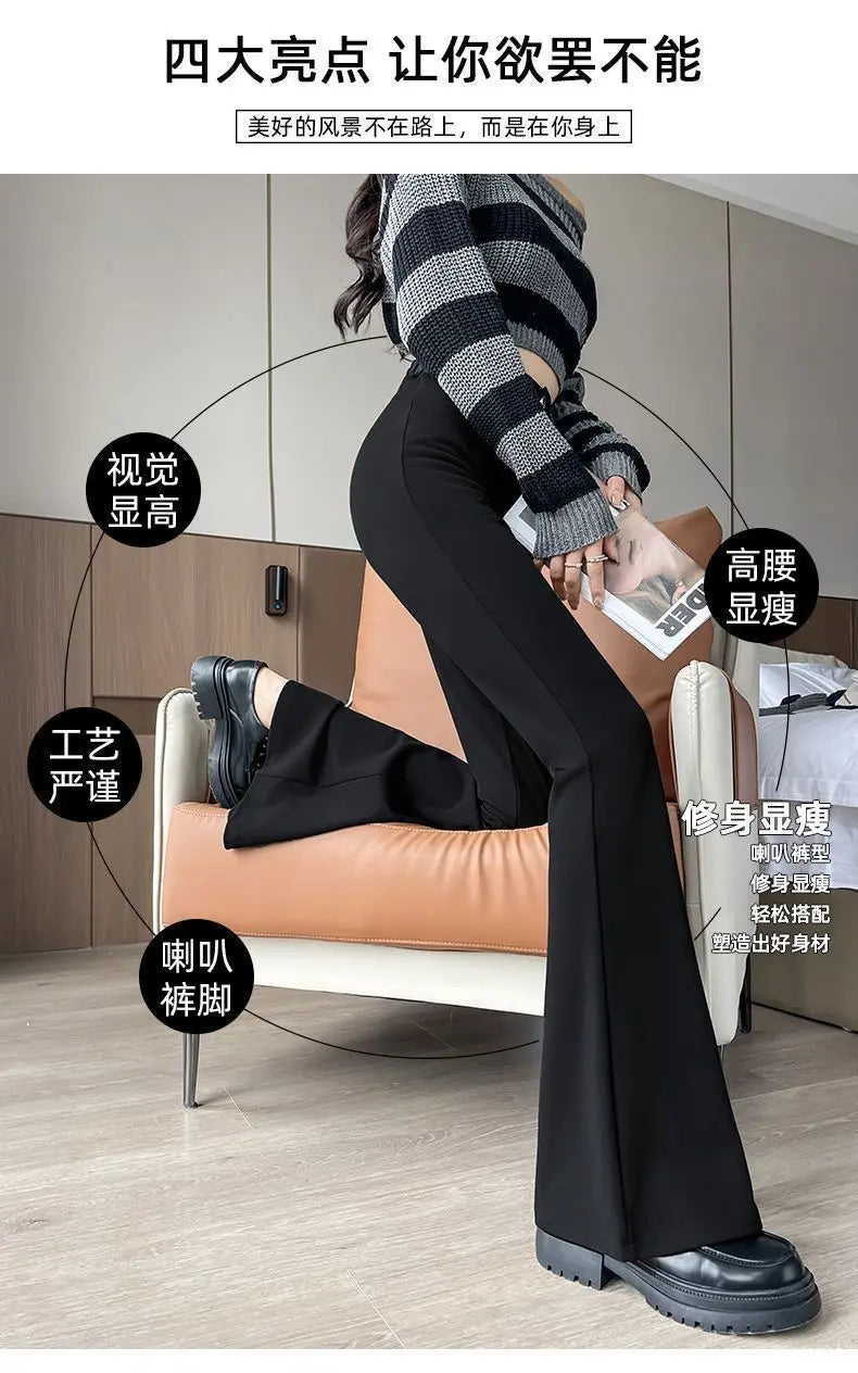 Women's High-Waisted Flared Pants Slim Fit Formal Trousers with Button Closure