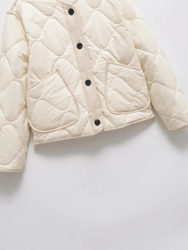 ETJ 2025  Spring new women's vintage crewneck quilted cotton-padded loose version of quilted casual jacket