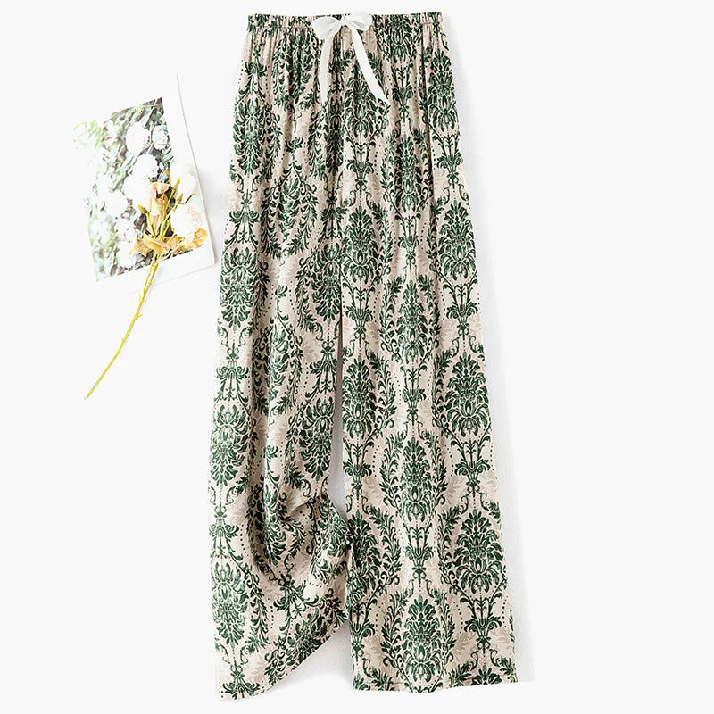Women Casual Autumn Wide Leg Pants Floral Beach Trousers High Waist Boho Ethnic Style Calf Pants Four Season Girls Home Clothes