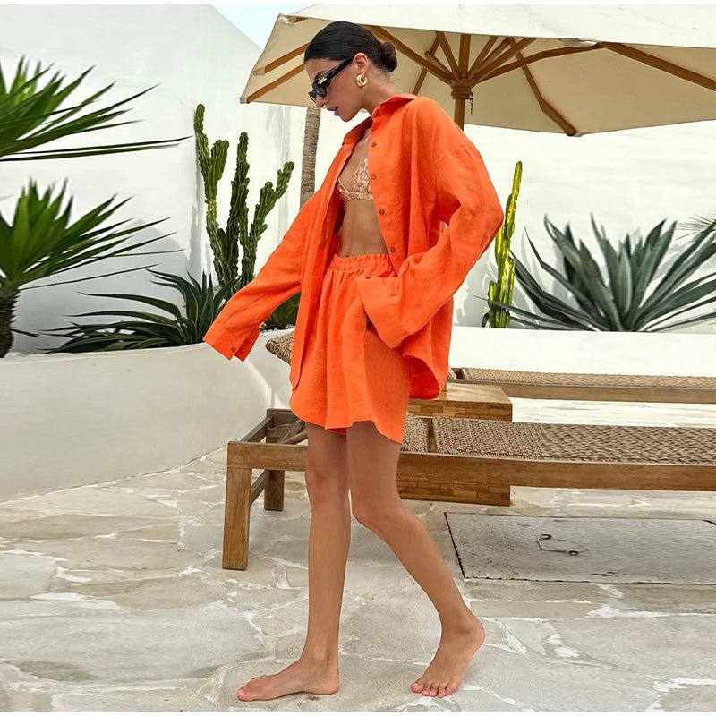 Casual Cotton Linen Pants Suit Women Solid Cozy Lapel Single Breasted Shirt Elastic Waist Wide Leg Pant 2026 Summer Loose Outfit