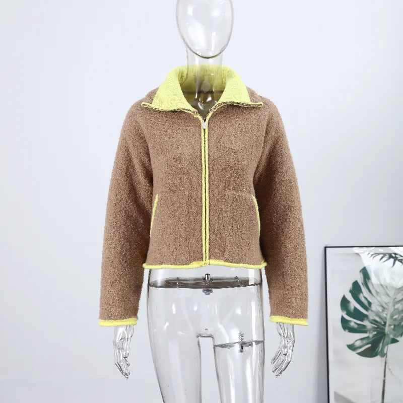 Fashion Contrast Knit Coat Women Stand Collar Zipper Pockets Full Sleeve Jacket 2025 Autumn Lady Elegant Outwear 2026 Spring New