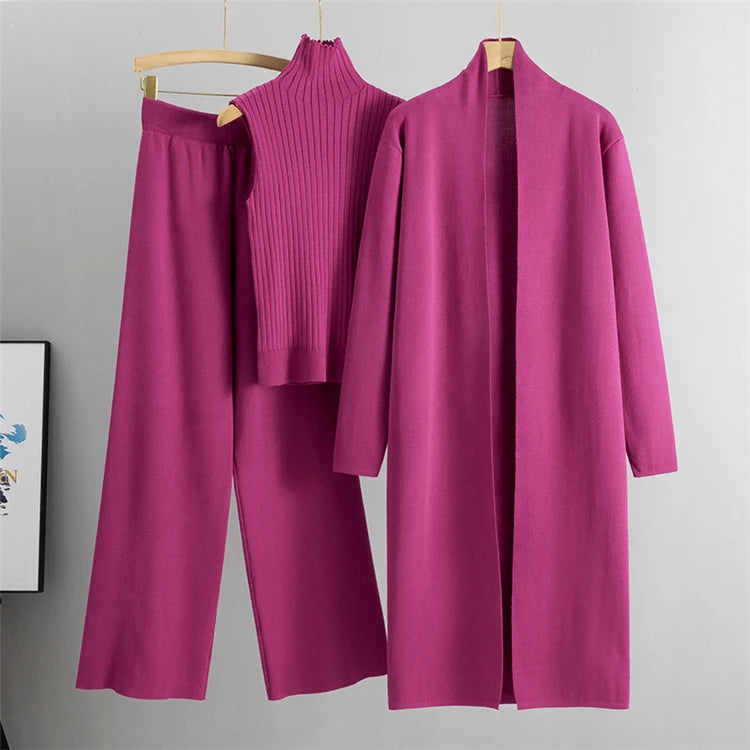 2026 Winter And Autumn Fashionable Elegant Women's Knitted 3-Piece Set cardigan Women's Sweater Women's Wide Leg Pants