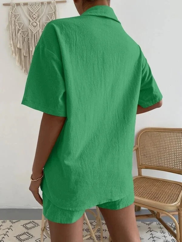 Women's Cotton Suit  Short Sleeve Casual Elegant Green Soild Two Piece Set Women Outfit Suit Shorts and Shirt for Women