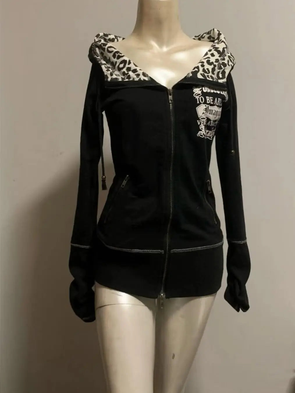 Slim Fit Spicy Girl Vintage Versatile Leopard Printed Black Sweatshirts Gothic Harajuku Autumn/winter Cardigans Kawaii Clothes