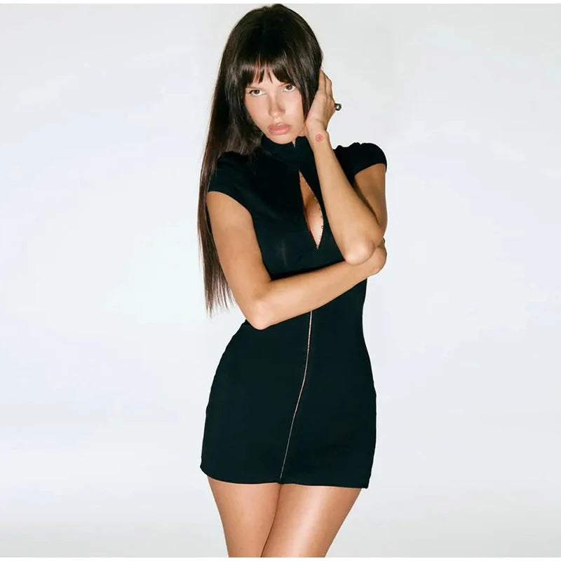 Black Women Hollow Out Slit Dress Sexy Short Sleeve Solid High Neck Slim Fit Maxi Dresses Lady Fashion Evening Party Club Robe
