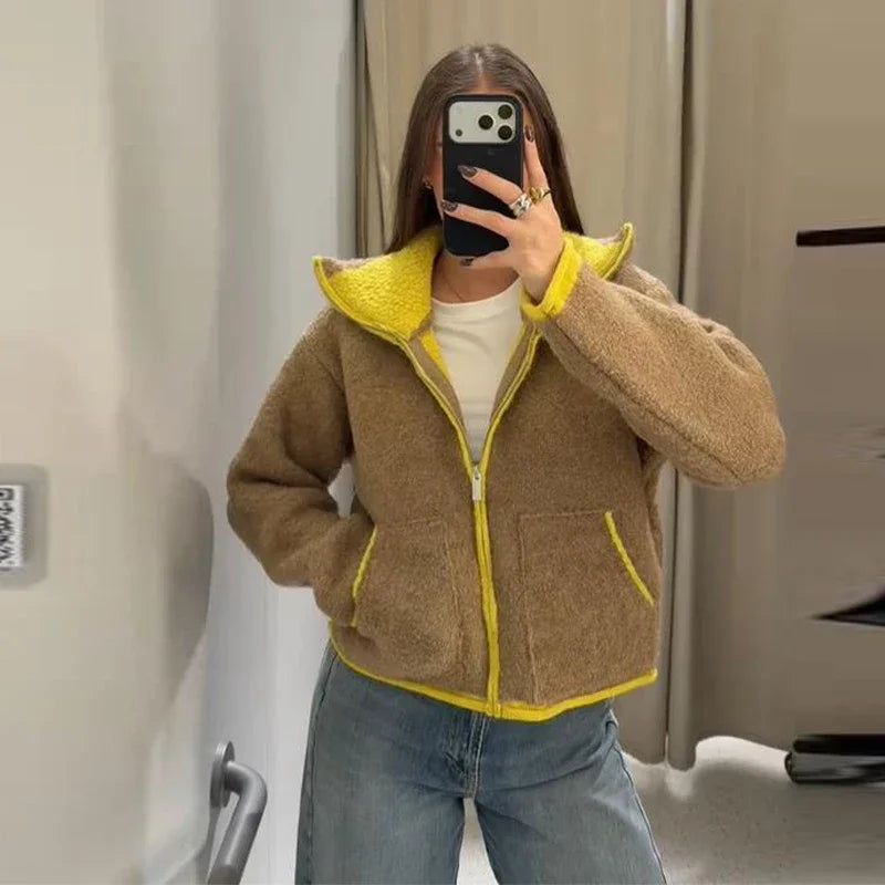 Fashion Contrast Knit Coat Women Stand Collar Zipper Pockets Full Sleeve Jacket 2025 Autumn Lady Elegant Outwear 2026 Spring New