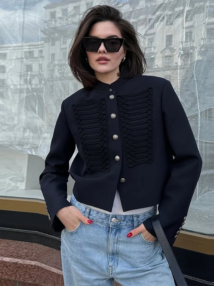 Women's Napoleon Style Black Cropped Jacket Coat Long Sleeve Tops Braided Button Trim Vintage Slim Fit Fashion Lady Outerwear