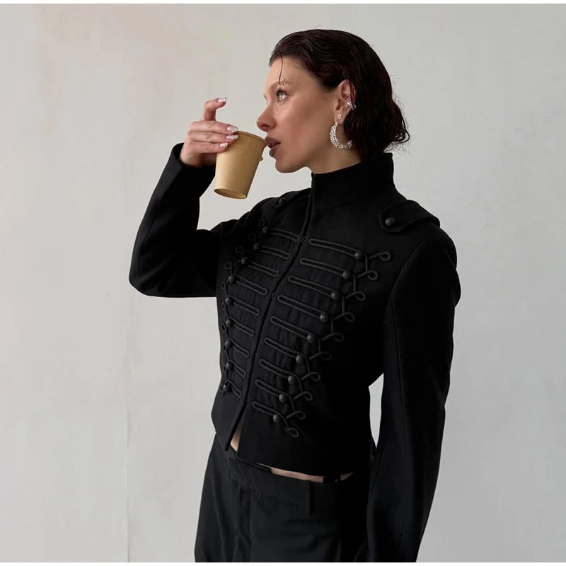 Women's Napoleon Style Black Cropped Jacket Coat Long Sleeve Tops Braided Button Trim Vintage Slim Fit Fashion Lady Outerwear