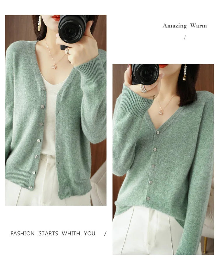 2025 Women Cardigans Long Sleeve Knitted Outerwear Solid Thin Spring Autumn Sweaters V-neck Knitwears Korean Fashion Cardigans