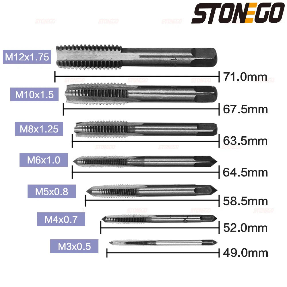 STONEGO 5PCS/7PCS Bearing Steel Taper Hand Spiral Point Straight Fluted Screw Thread Hand Tap Drill M3/M4/M5/M6/M8/M10/M12