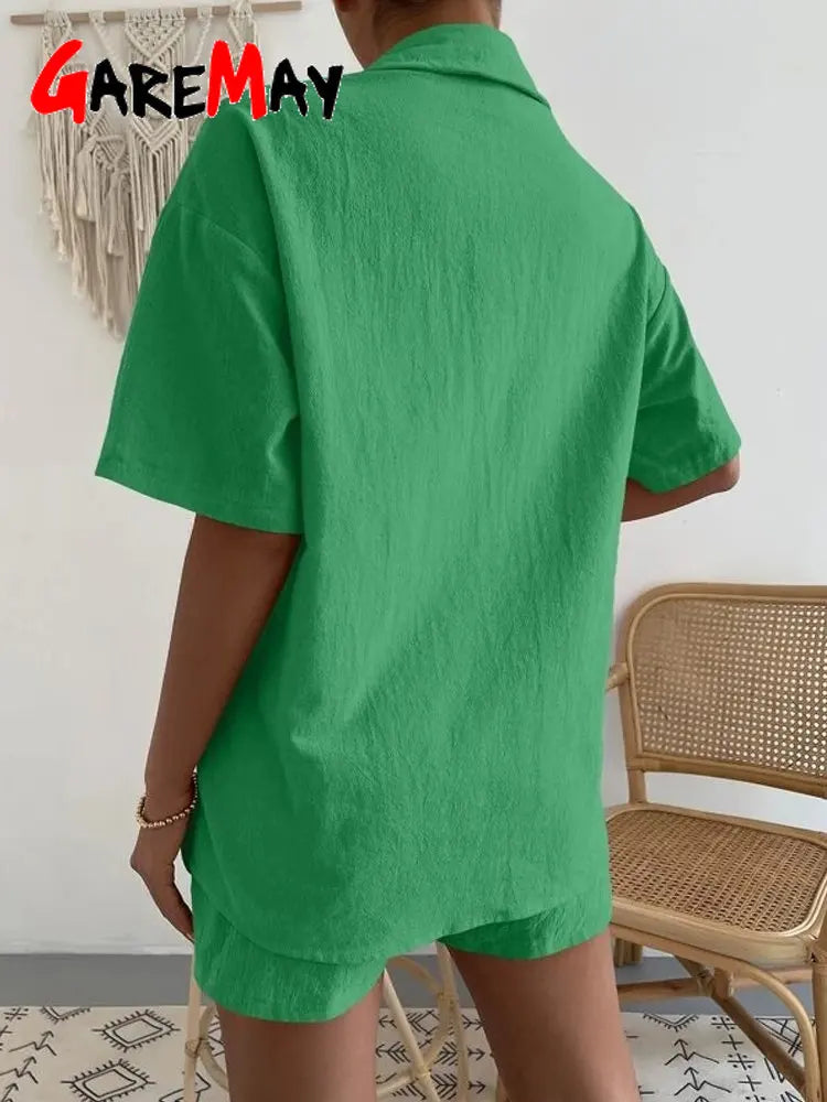 Women's Cotton Suit  Short Sleeve Casual Elegant Green Soild Two Piece Set Women Outfit Suit Shorts and Shirt for Women
