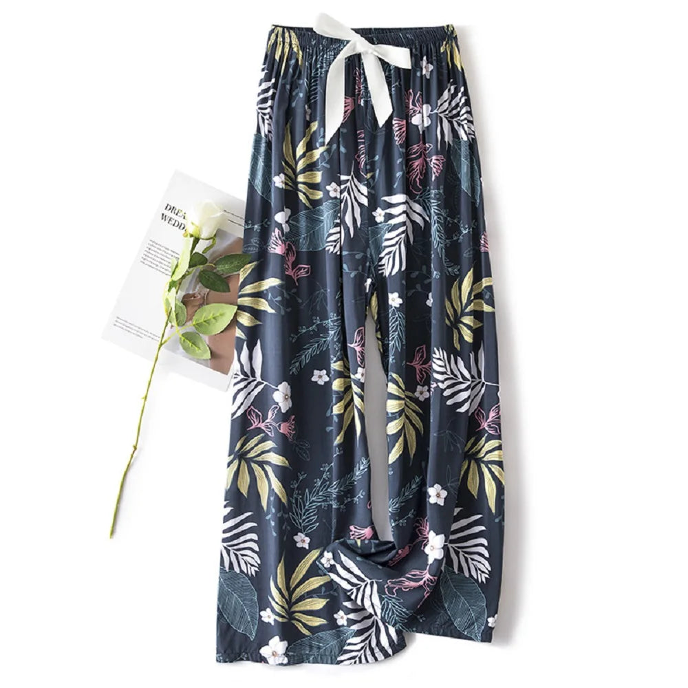 Women Casual Autumn Wide Leg Pants Floral Beach Trousers High Waist Boho Ethnic Style Calf Pants Four Season Girls Home Clothes