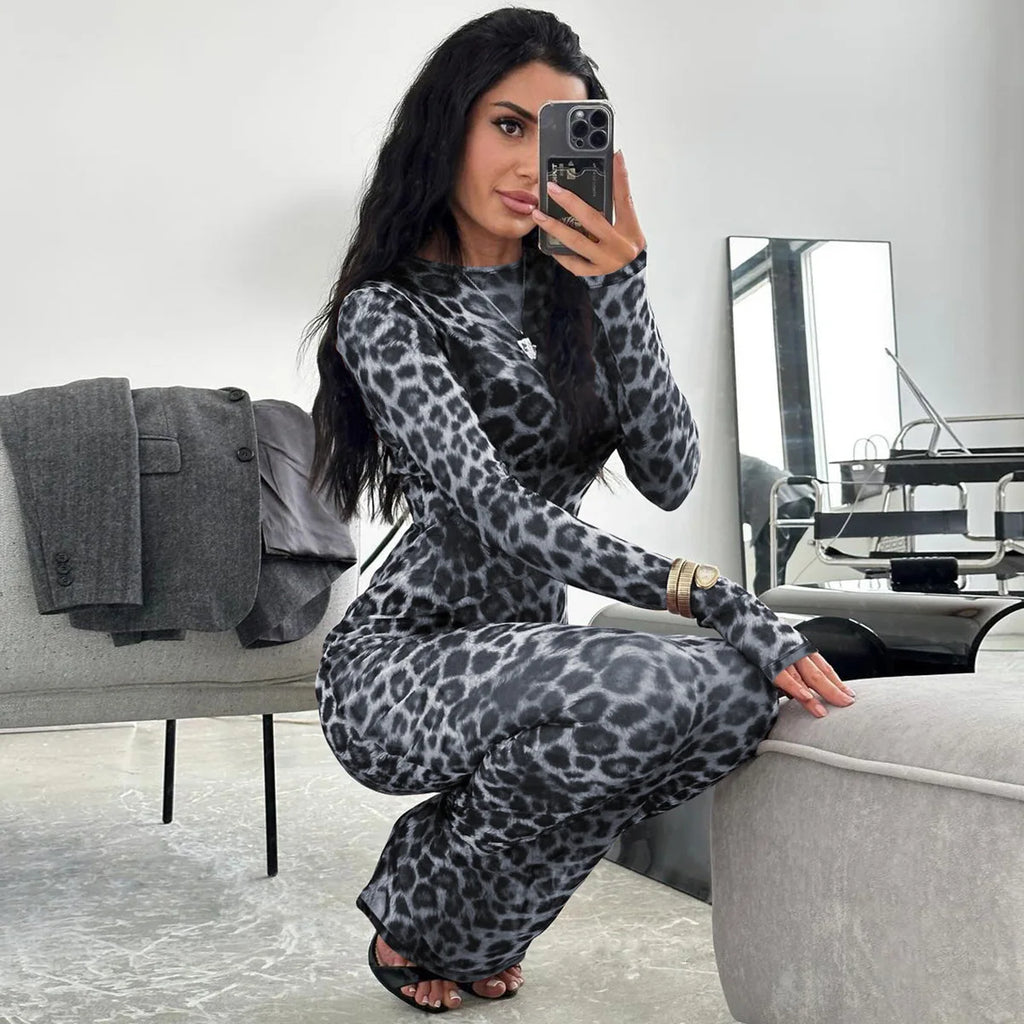 Hugcitar Leopard Print Mesh Long Sleeve Sexy Slim  See Through Maxi Dress Fall Women Fashion Outfits Beach Vacation Club