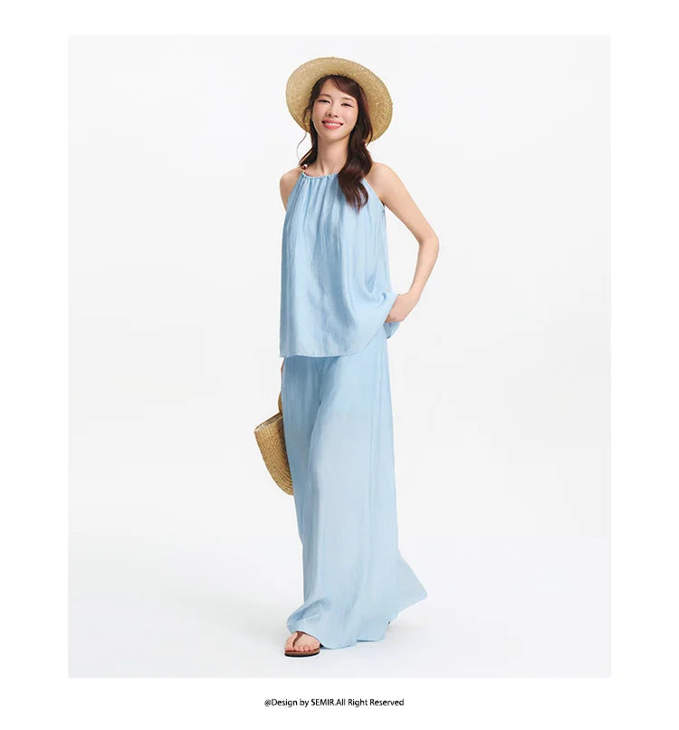 Semir Bowknot Strap Wide Leg Pants Set Women 2025 Summer New Linen Like Textured Two Piece Outfit for Vacation Style