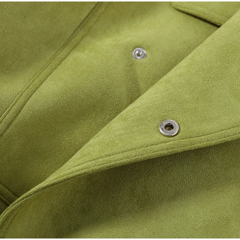 Street Women's Faux Suede Belt Lace Up Jacket Loose Green Lapel Button Full Sleeve Coats 2026 Spring Summer Lady Casual Outwear