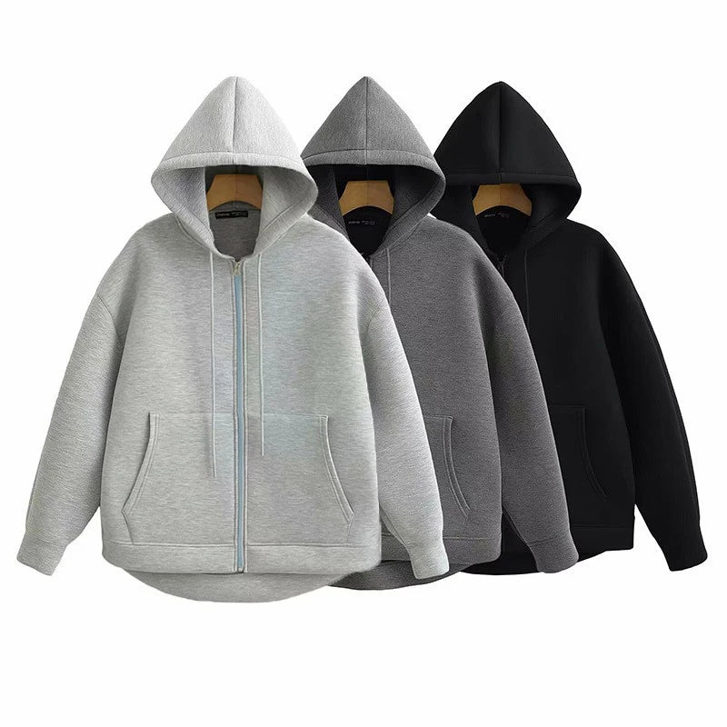 Alobee Autumn Women Gray Black Jacket With Hood Long Sleeve Zipper Jacket Coat Woman Loose Casual Big Pocket Outerwear Coat Tops
