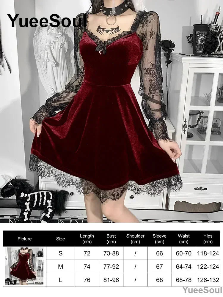 Halloween Gothic Grunge Punk Women Dress Long Sleeve Lace Slim Black Dresses 2026 New Y2K Harajuku Lolita Fairy Core Party Dress
