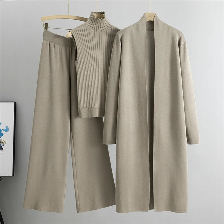 2026 Winter And Autumn Fashionable Elegant Women's Knitted 3-Piece Set cardigan Women's Sweater Women's Wide Leg Pants