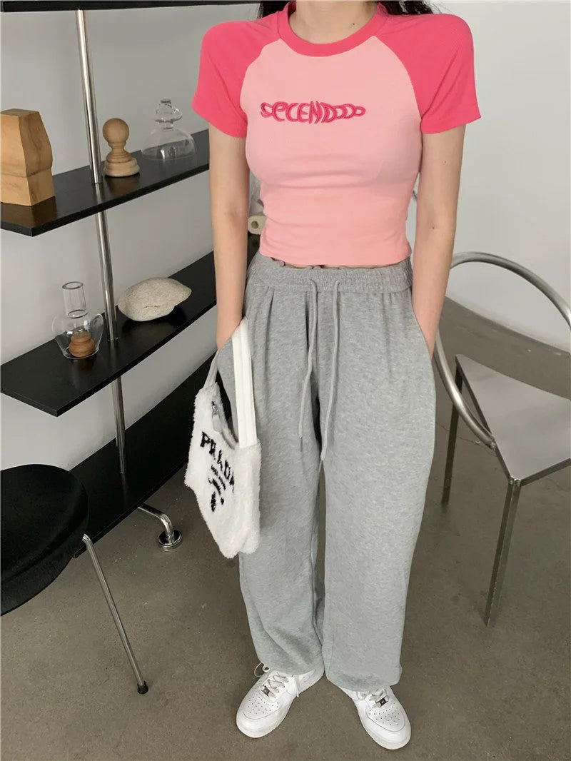 Y2K Women T Shirt Patchwork Letter Slim Fit Crop Tops Streetwear Casual Korean Fashion Short Sleeve Tshirts Bae Female Tees